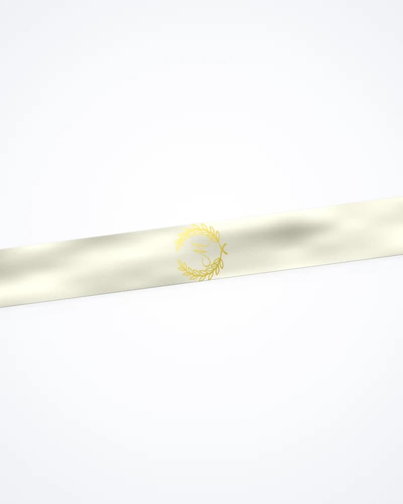 Satynowa kokarda do włosów z monogramem – wstążka satynowa 60 mm, Kremowy, nadruk Złoty metaliczny