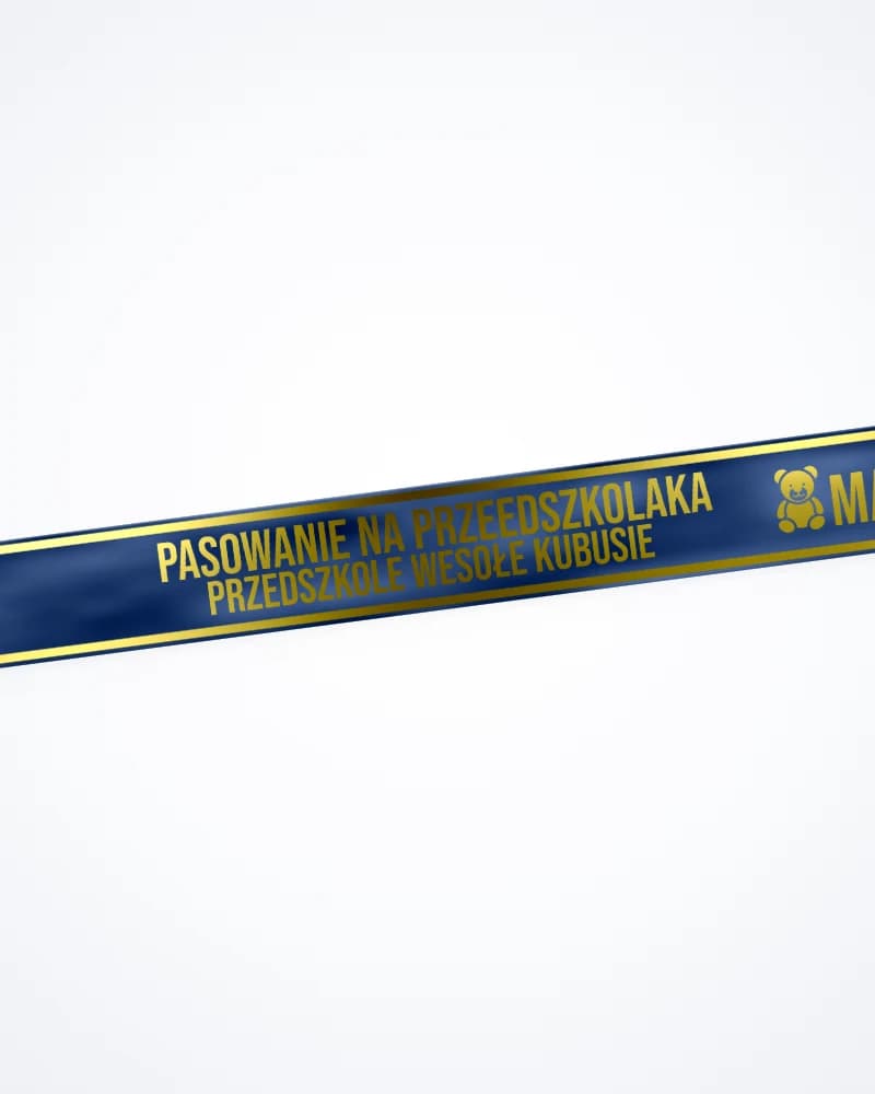 Personalizowana szarfa dla dzieci na pasowanie i uroczystości szkolne – wstążka satynowa 80 mm, Niebieski, nadruk Złoty metaliczny